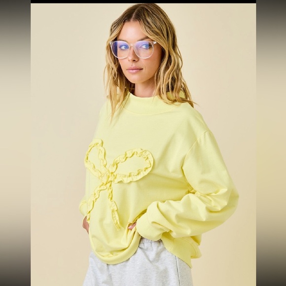 Day + Moon Oversized Mock Neck  W/ Ruffle Trim Bow Sweatshirt - Picture 2 of 10
